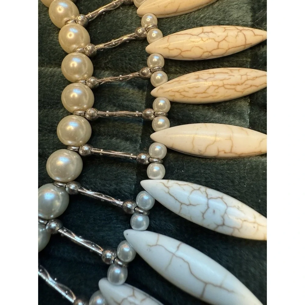 Vintage Pearl Stone Tribal Style Statement Bib Necklace costume jewelry